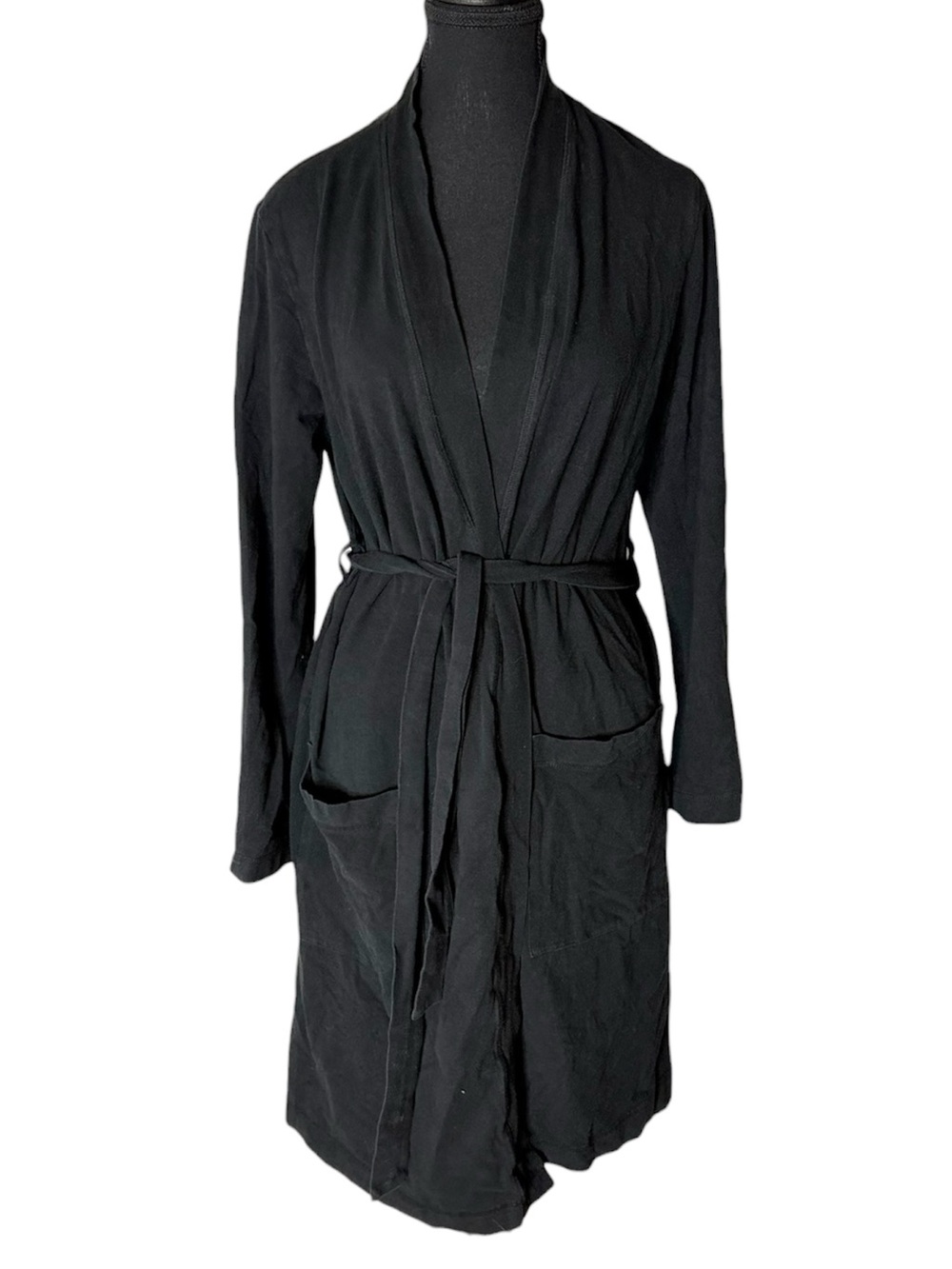LA LINGERIE Black Cotton Housecoat Robe Pockets Size Medium *FLAW*
